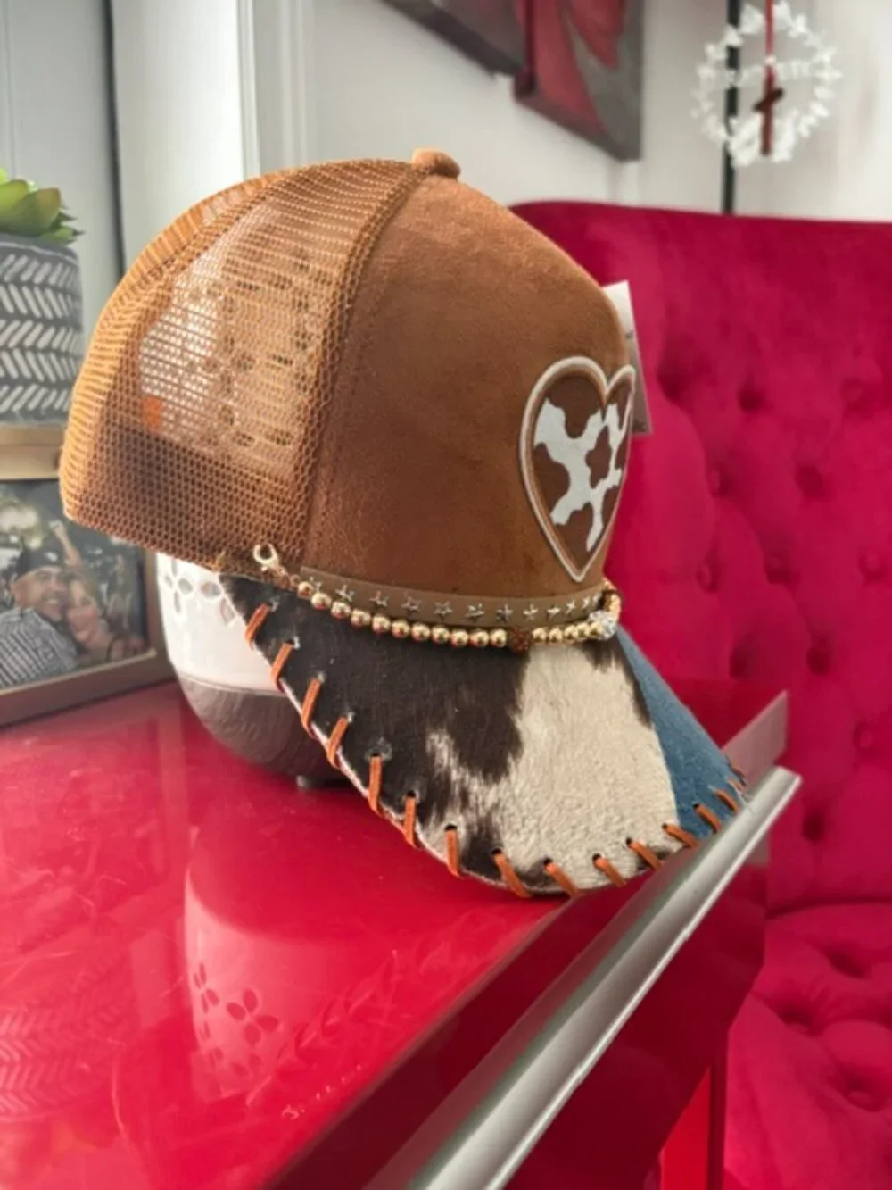 Handmade Cowhide Heart Patchwork Cap